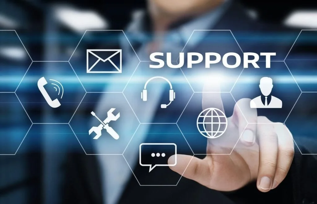 Digital graphic showing support icons, including an envelope, phone, headset, wrench and screwdriver, chat bubble, globe, and user silhouette, with the word 'SUPPORT' in the center.