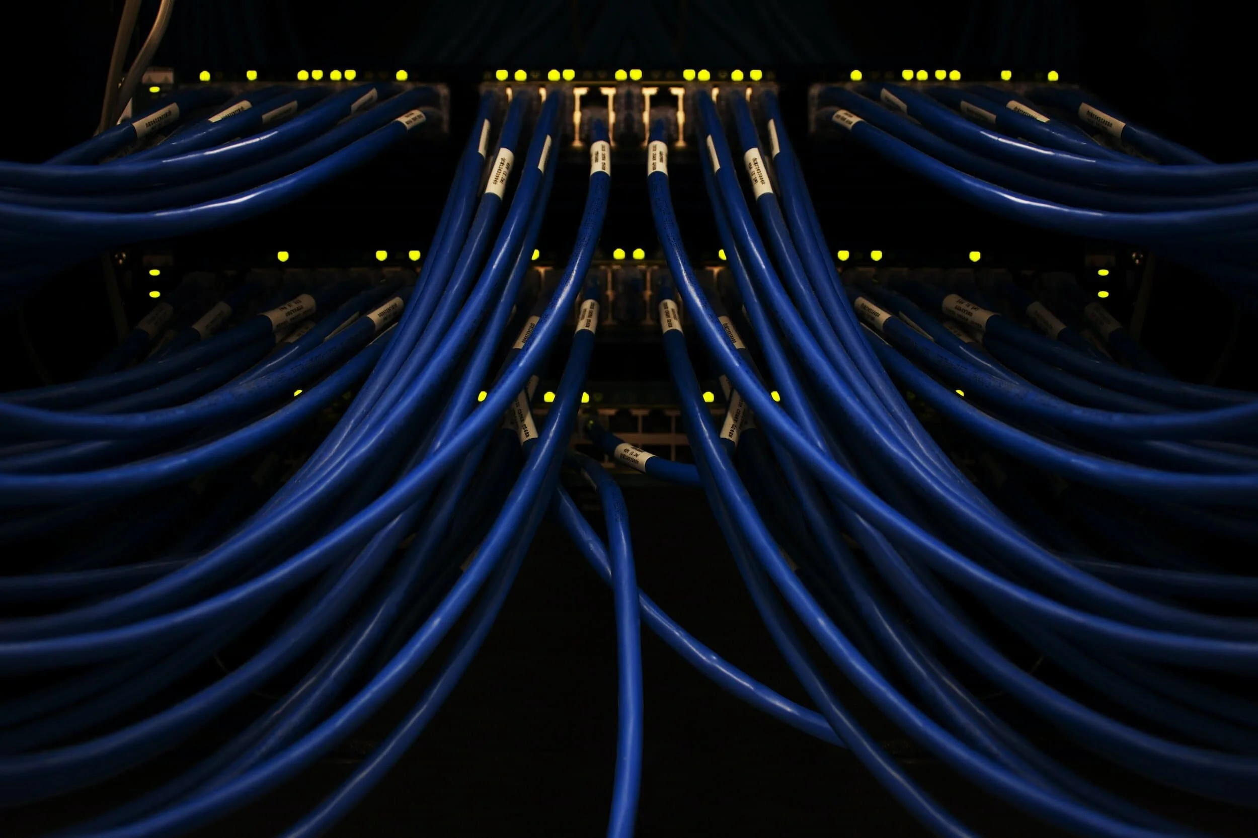 Data center network cables connected to switches with blinking indicator lights.