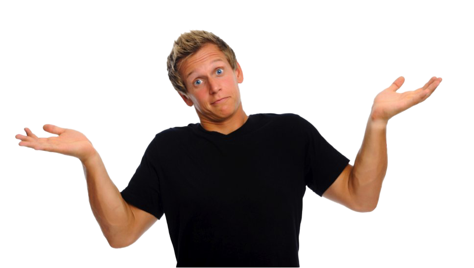 A young man with short blond hair, wearing a black t-shirt, shrugging his shoulders with a confused or uncertain expression.