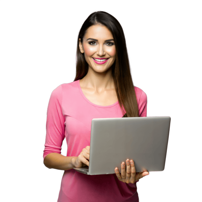 a smiling woman standing and holding a laptop and typing