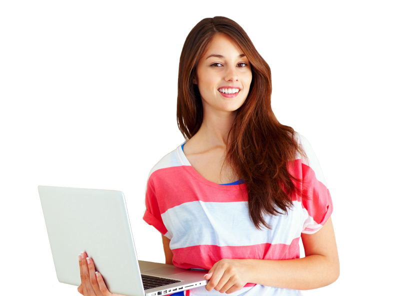 smiling young woman in a red and white tee shirt holding a laptop