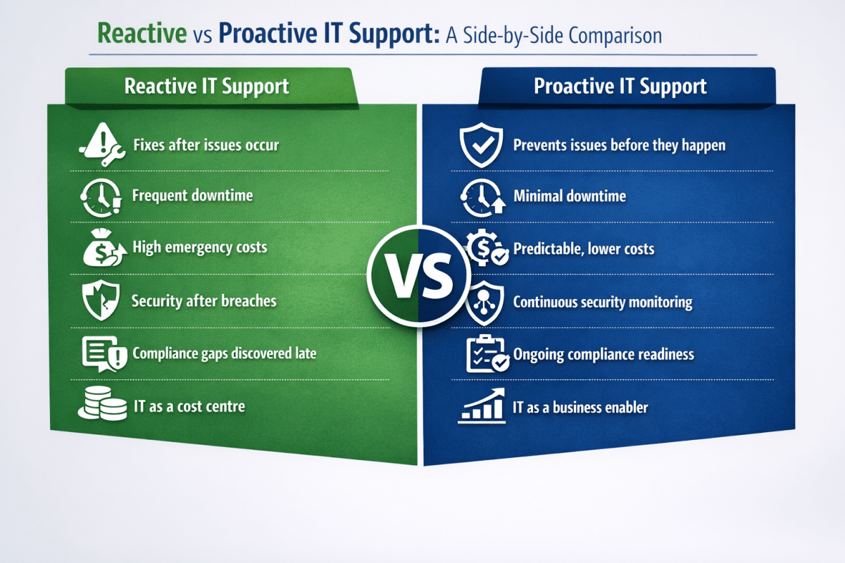 Comparison chart contrasting reactive and proactive IT support. Reactive IT support fixes issues after they occur, incurs high emergency costs, and leads to frequent downtime. Proactive IT support prevents issues, maintains minimal downtime, offers lower costs, continuous security, ongoing compliance, and enhances IT as a business enabler.