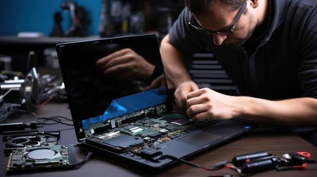 a man wearing glasses is repairing a laptop with the cover removed