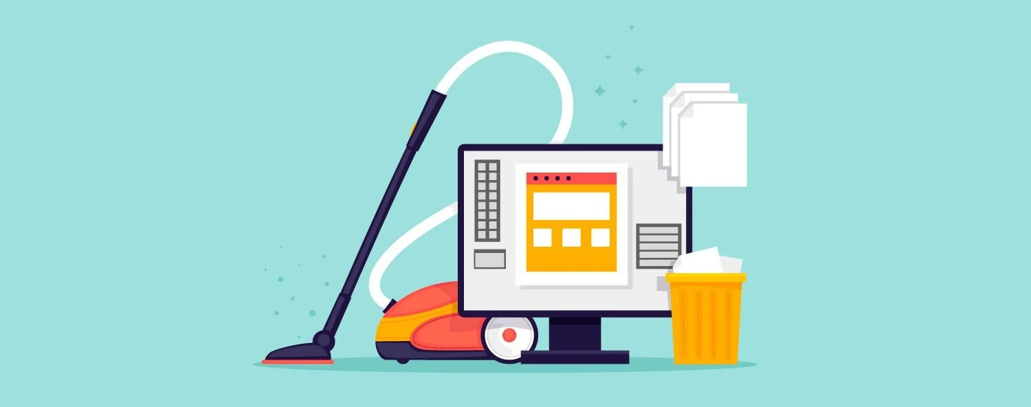 a computer screen with vacuum cleaner and file folders and a garbage can