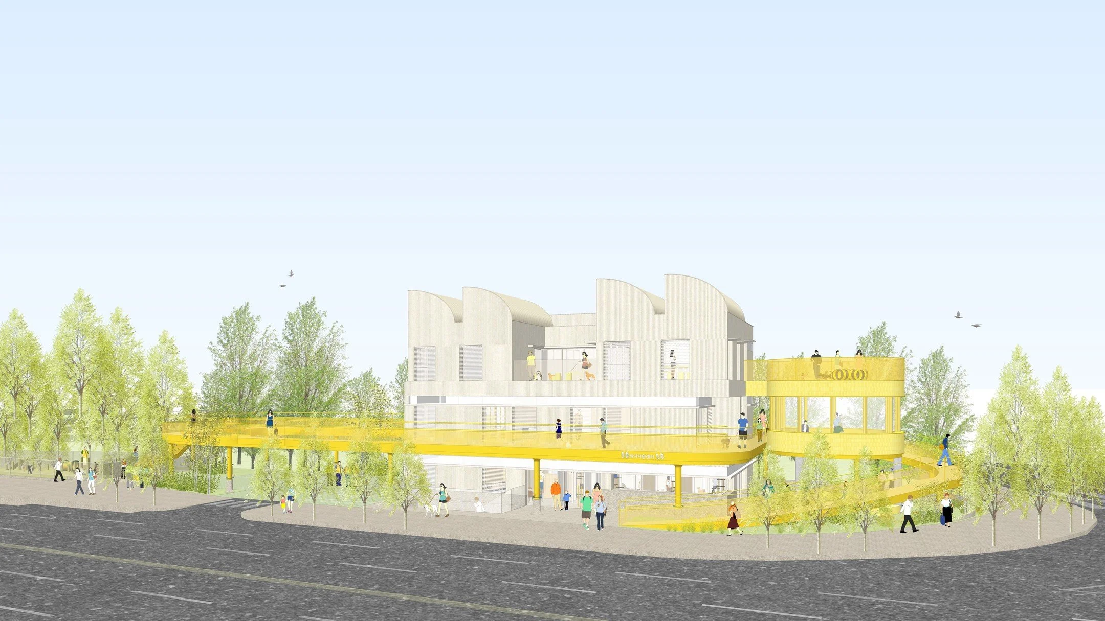 동물복지지원센터 강동 설계공모, 2024
Design Competition for Animal Care Center, Gangdong, 2024

BE AROUND, 일상 속에 스며드는 동물복지지원센터

새로운 동물복지지원센터는 울타리에 둘러싸인 보호구역보다는 지역의 일상 속에 자리 잡는 열린 장소가 되길 바랬습니다. 공원의 일부인 듯 보이는 공공 산책로를 중심으로 계획함으로써, 동물과 인간이 서로가 주변에 존재하고 있음을 깨달으며 자연스럽게 