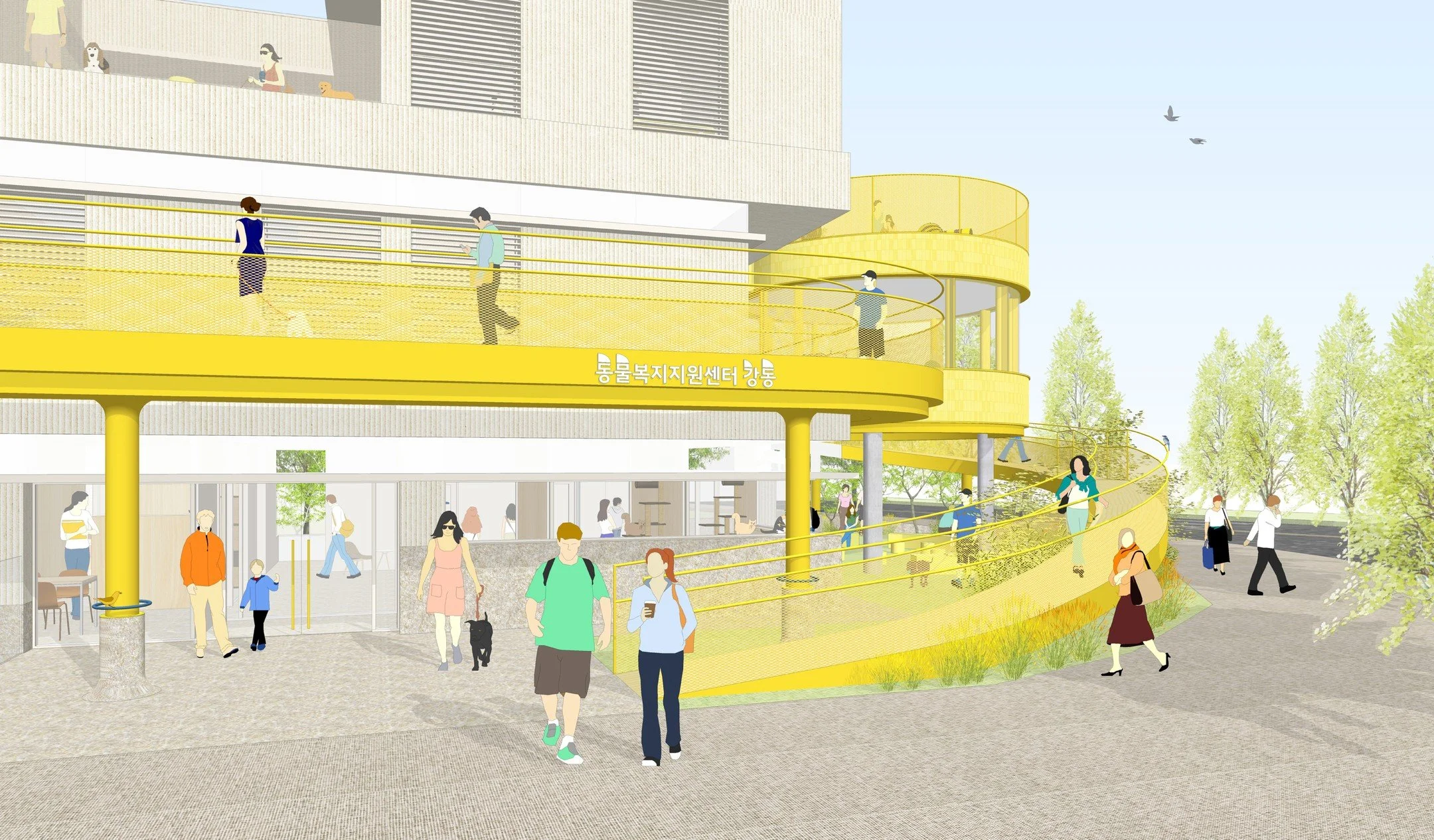 동물복지지원센터 강동 설계공모, 2024
Design Competition for Animal Care Center, Gangdong, 2024

BE AROUND, 일상 속에 스며드는 동물복지지원센터

새로운 동물복지지원센터는 울타리에 둘러싸인 보호구역보다는 지역의 일상 속에 자리 잡는 열린 장소가 되길 바랬습니다. 공원의 일부인 듯 보이는 공공 산책로를 중심으로 계획함으로써, 동물과 인간이 서로가 주변에 존재하고 있음을 깨달으며 자연스럽게 