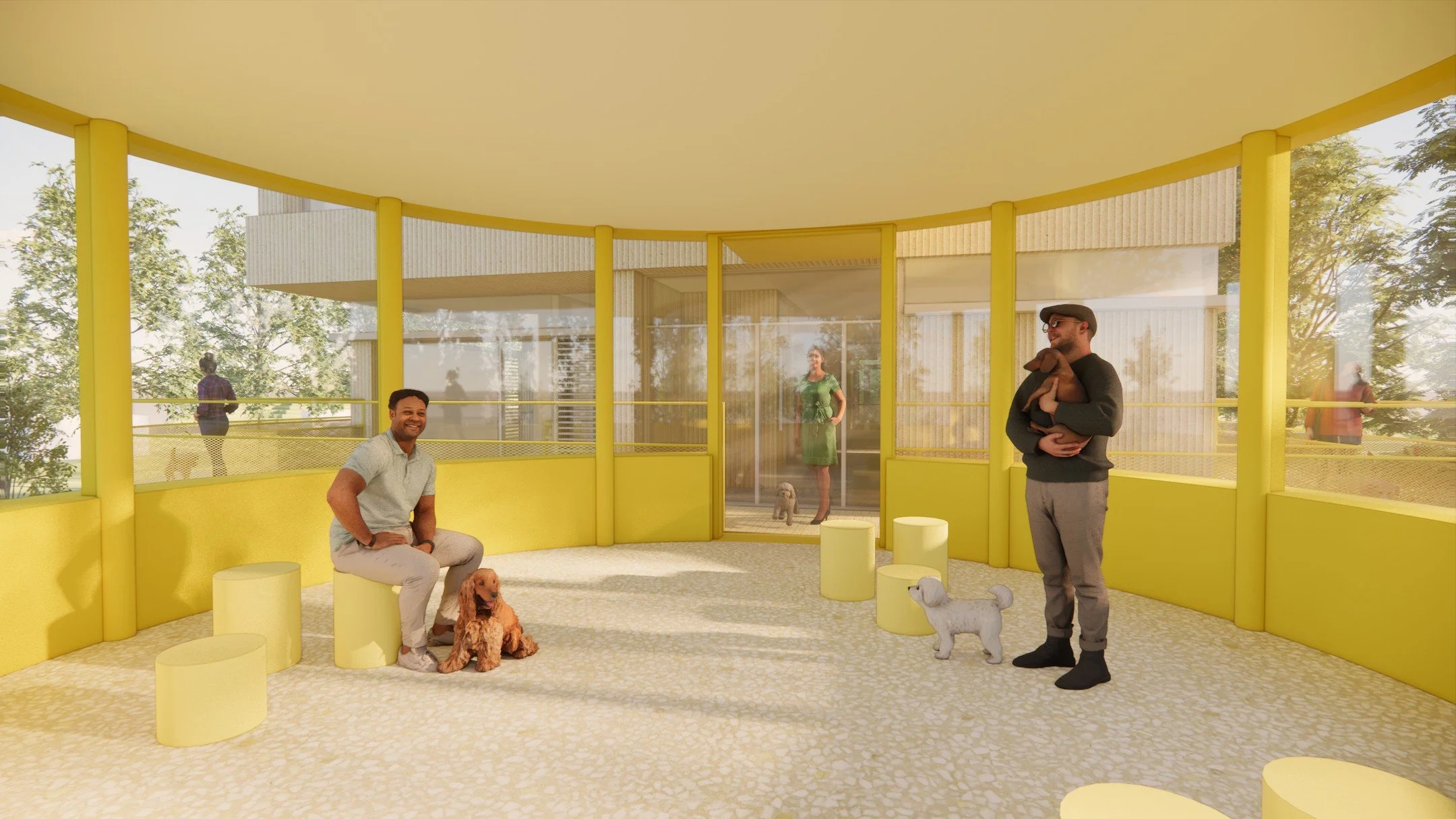 동물복지지원센터 강동 설계공모, 2024
Design Competition for Animal Care Center, Gangdong, 2024

BE AROUND, 일상 속에 스며드는 동물복지지원센터

새로운 동물복지지원센터는 울타리에 둘러싸인 보호구역보다는 지역의 일상 속에 자리 잡는 열린 장소가 되길 바랬습니다. 공원의 일부인 듯 보이는 공공 산책로를 중심으로 계획함으로써, 동물과 인간이 서로가 주변에 존재하고 있음을 깨달으며 자연스럽게 