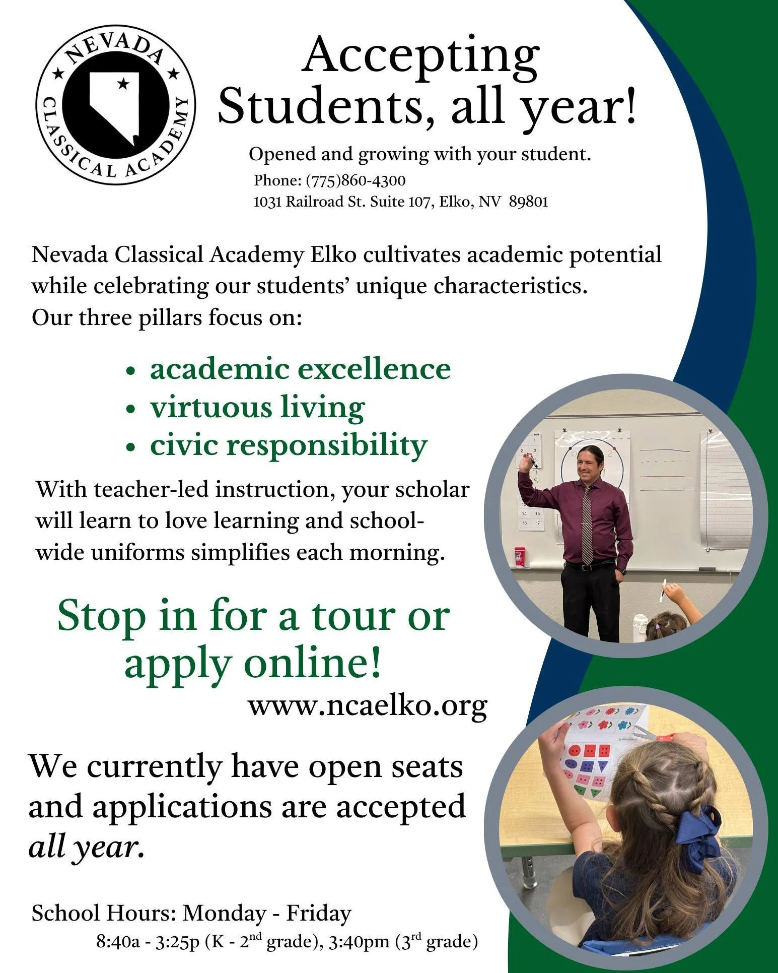 📚 We&rsquo;re Accepting Students!

Nevada Classical Academy Elko currently has open seats in grades K&ndash;3, and we&rsquo;d love to welcome new families into our growing community!

Our classical model focuses on:
✨ Building strong character &amp;