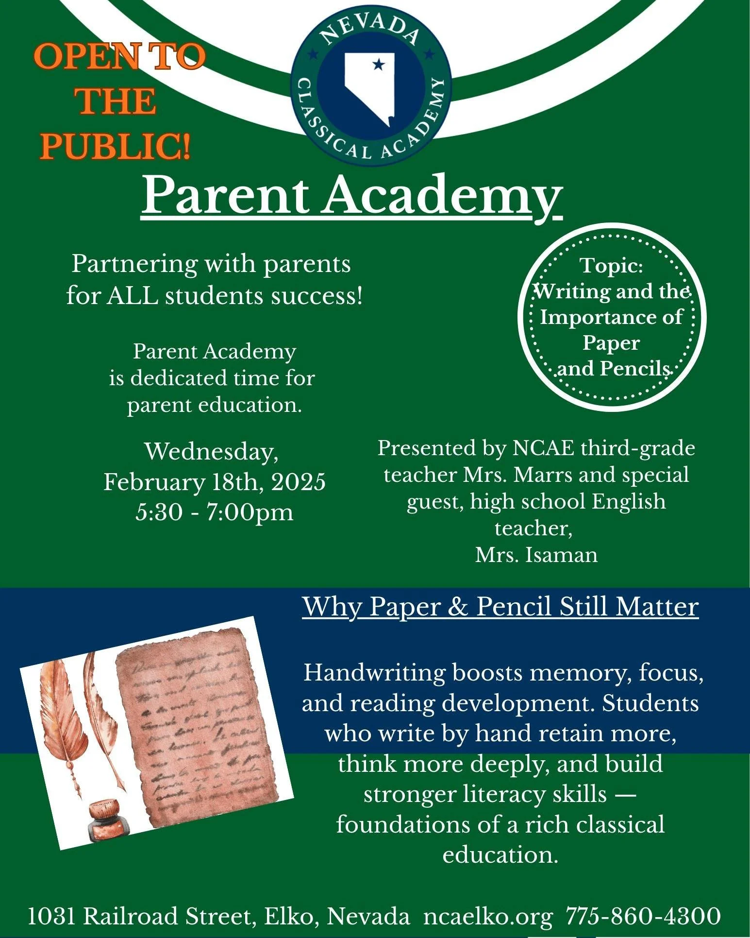 📚✨ TONIGHT IS THE NIGHT! ✨📚

Parent Academy is happening this evening at Nevada Classical Academy Elko!

🗓 Tonight
⏰ 5:30&ndash;7:00 PM
📍 1031 Railroad Street, Elko

✏️ Writing &amp; the Importance of Paper and Pencils

Come discover why handwrit