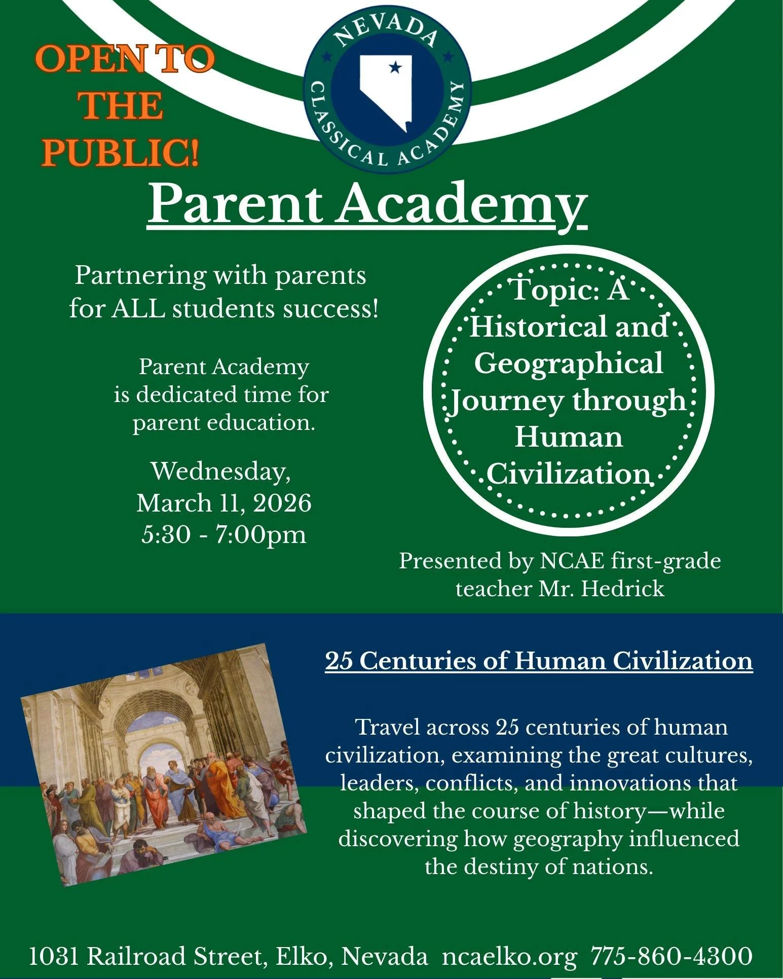 🏛️ It&rsquo;s time again for our next Parent Academy &mdash; and you&rsquo;re invited! 🌍

Join us for an enriching evening as we take a historical and geographical journey through 25 centuries of human civilization.

Presented by NCAE first-grade t