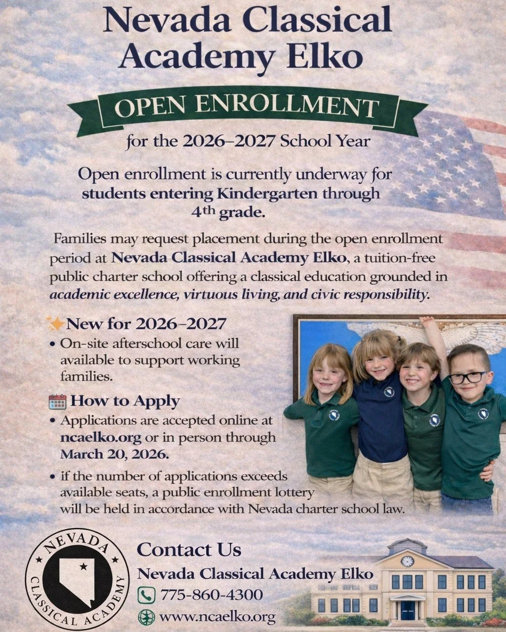 ⏰ Final Call: Open Enrollment Closes Friday!

Time is running out to secure your child&rsquo;s spot at Nevada Classical Academy Elko for the upcoming school year!

At NCAE, our mission is to cultivate within students a lifelong pursuit of academic ex