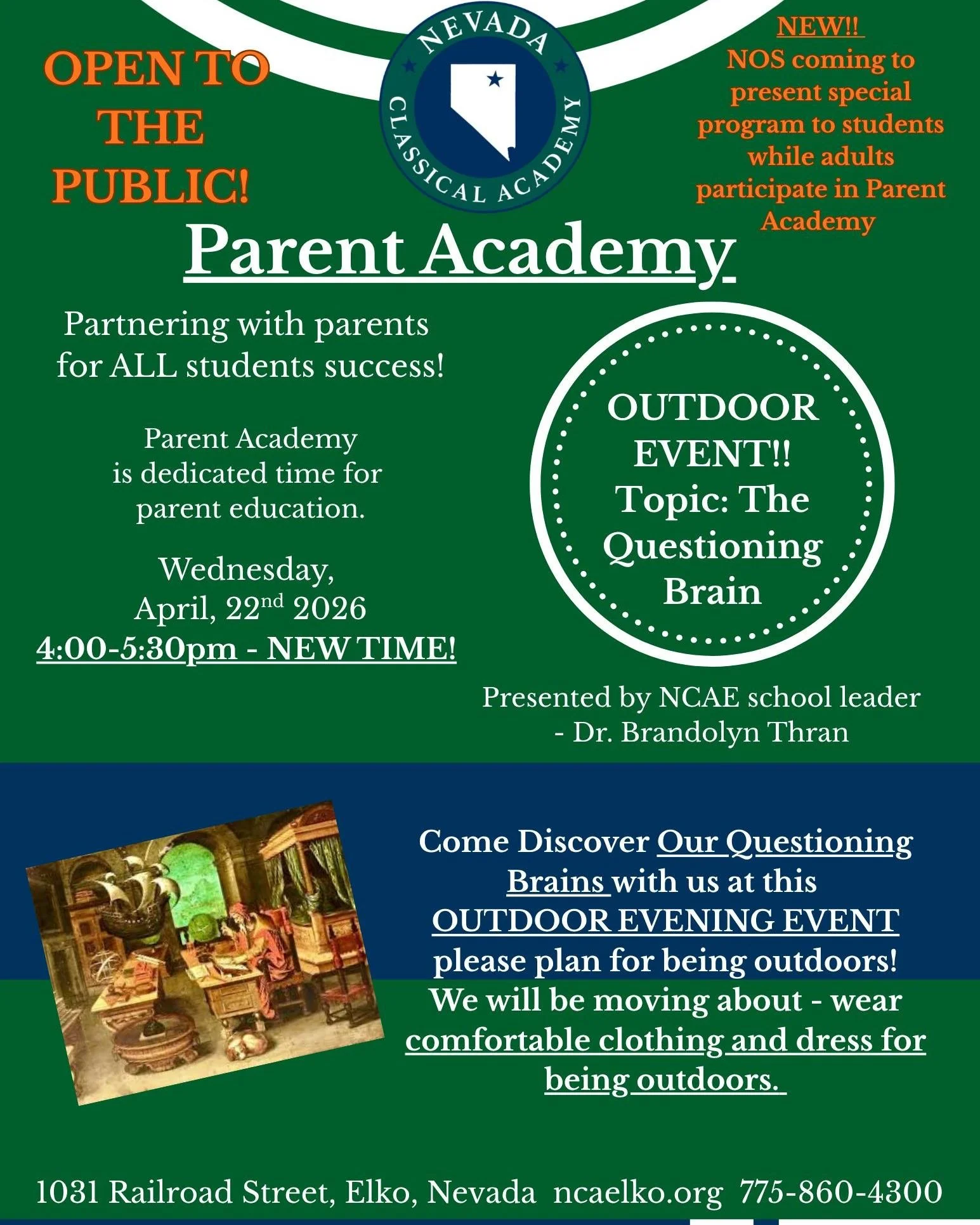 🌿 OPEN TO THE PUBLIC! Parent Academy is Back! 🌿

Join us for an outdoor evening of learning and connection as we partner with parents for ALL students&rsquo; success!

🧠 Topic: The Questioning Brain
📅 Wednesday, April 22, 2026
⏰ NEW TIME: 4:00&nd