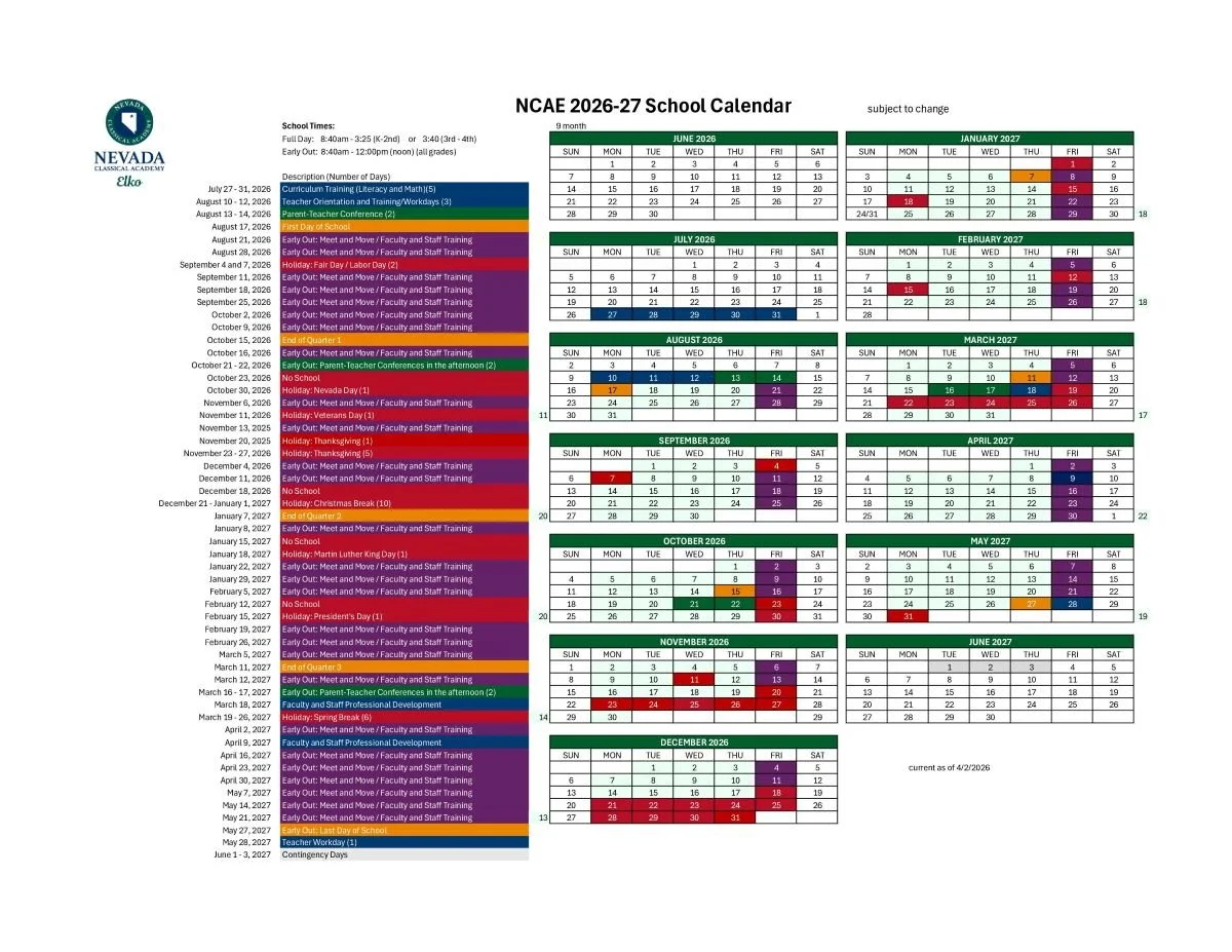 2026-2027 School Year Calendar NCAE