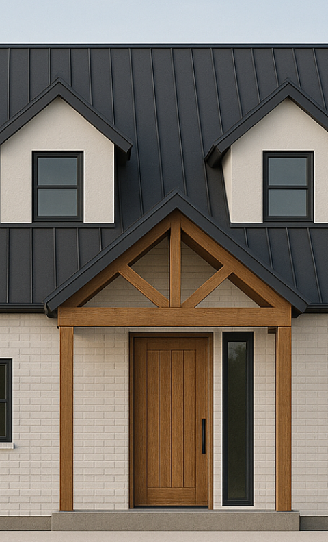Close-up of the front entrance of a house with a wooden door, black metal roof, and white brick walls.