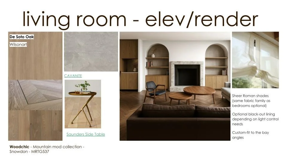 Architectural elevation of the custom fireplace wall. Features white oak arched shelving with integrated LED joinery lighting, designed to display the client's art collection.