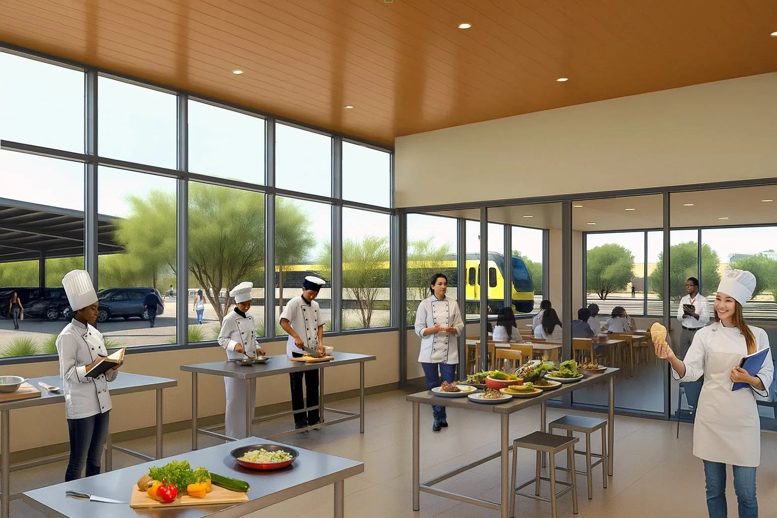 A culinary classroom with students in chef uniforms working with food ingredients. A woman chef in white attire and a chef hat is smiling and holding a pastry. There are tables with prepared dishes, and large windows showing trees and a yellow train 