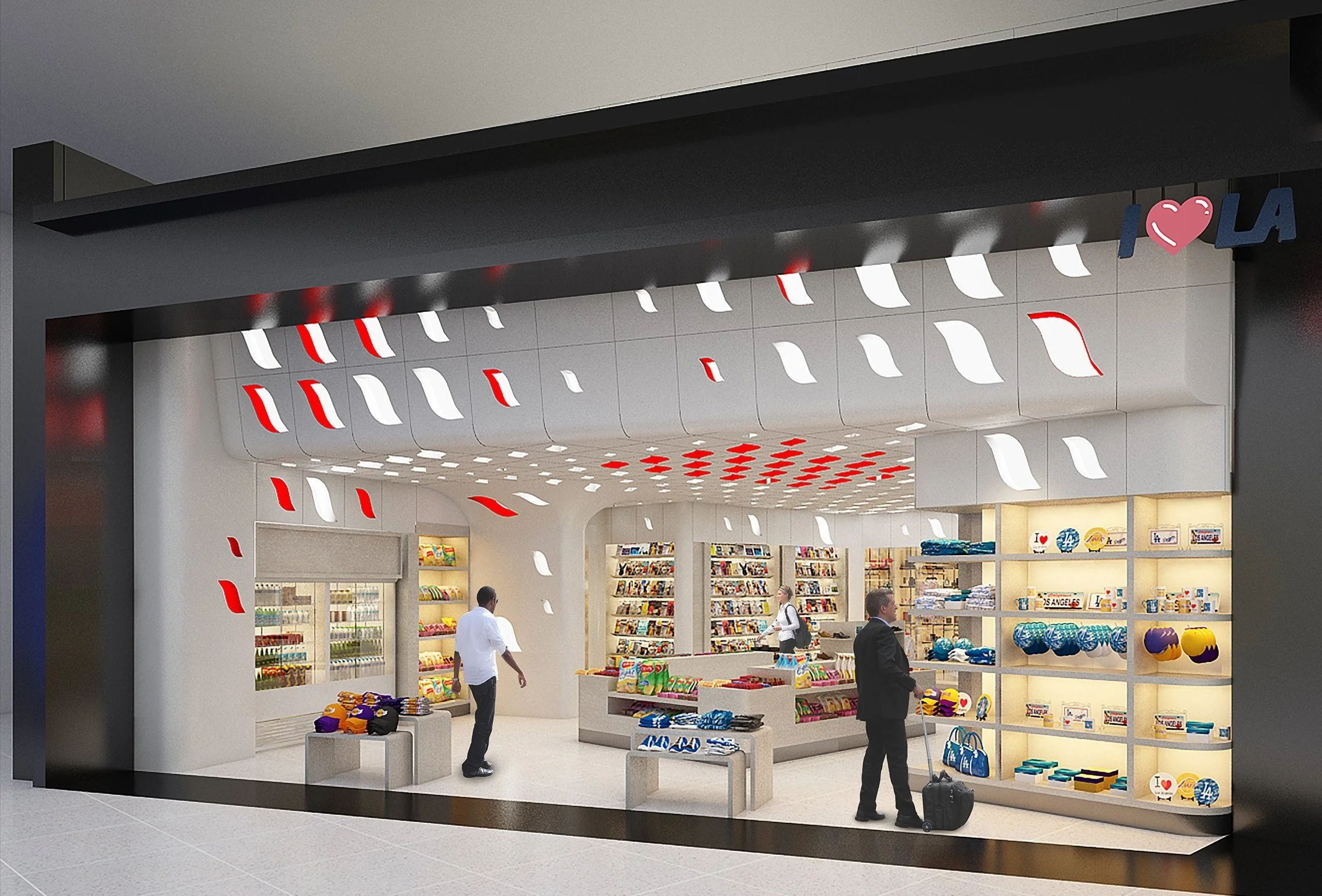 Travel retail Tenant Improvement (TI) focused on maximizing shelf capacity while maintaining clear ADA-compliant circulation paths.