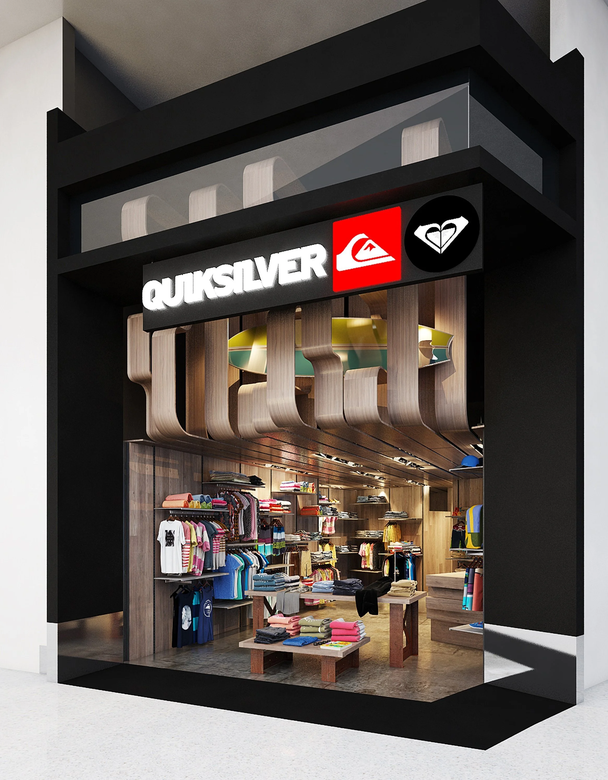 Branded retail storefront execution for Quiksilver, strictly adhering to LAX tenant design guidelines and fire-life-safety codes.