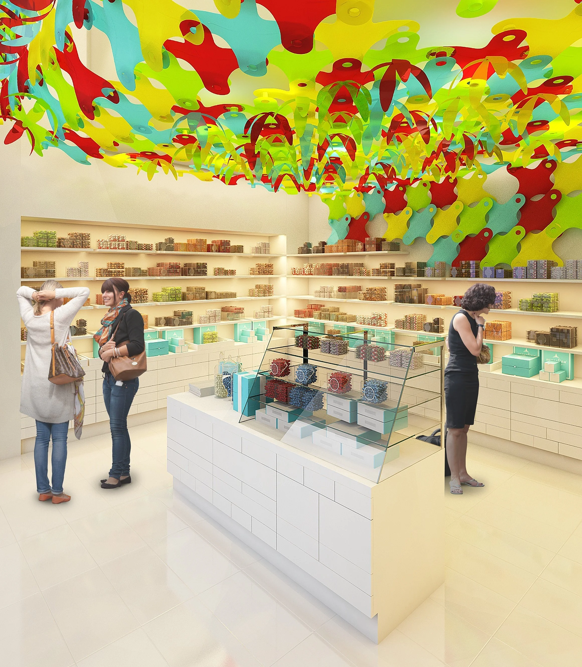 Interior layout optimization for high-volume merchandising, utilizing bright LED lighting to enhance product vibrancy in a windowless terminal space.