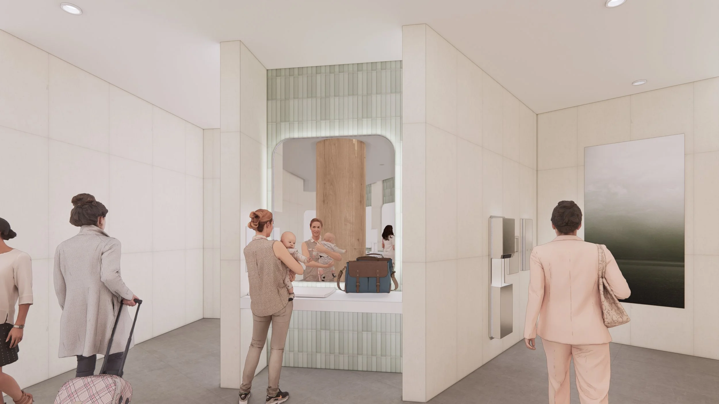 Code compliance and interior design for the Seattle Airport womens restroom.