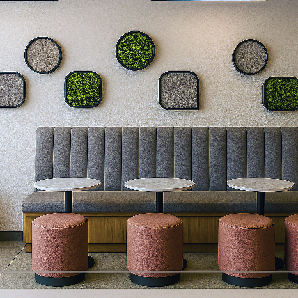 Modern seating area with a gray upholstered bench, three round tables, pink cushioned stools, and wall decoration with circular and square framed green and beige textured art pieces.