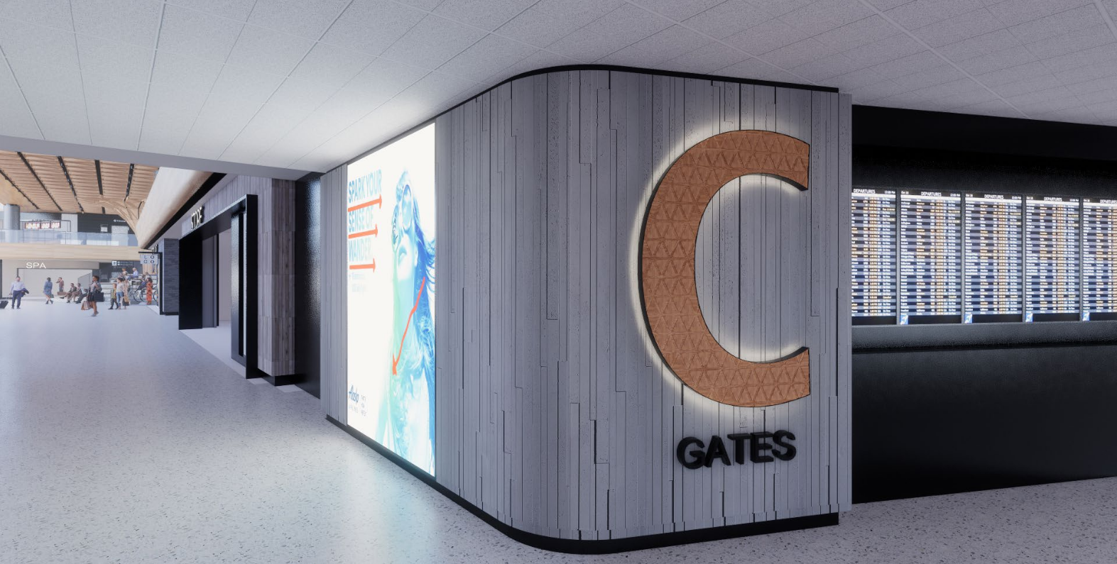 View of airport gates with a large letter C sign and a flight information display board in the background.