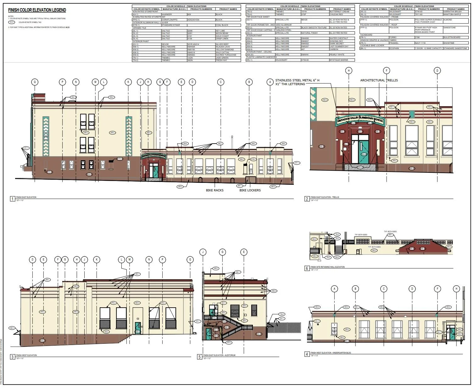 Architectural blueprint of a school building with elevations, sections, and details including entrance, windows, roof, and various design elements labeled with measurements and materials.