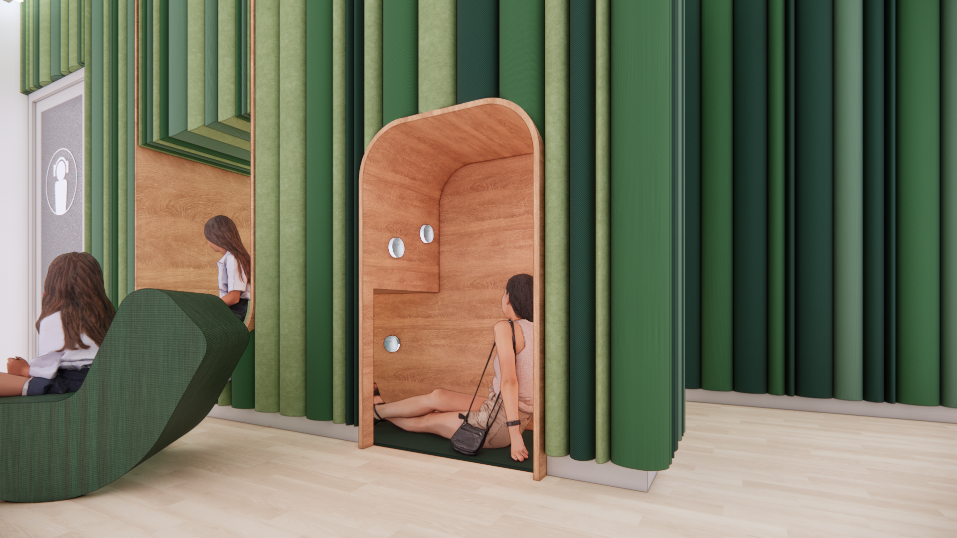A modern waiting area with green and wooden design elements, including a green curved lounge chair and a wooden-paneled booth where a woman is sitting on the floor, and two children are seated on the furniture.