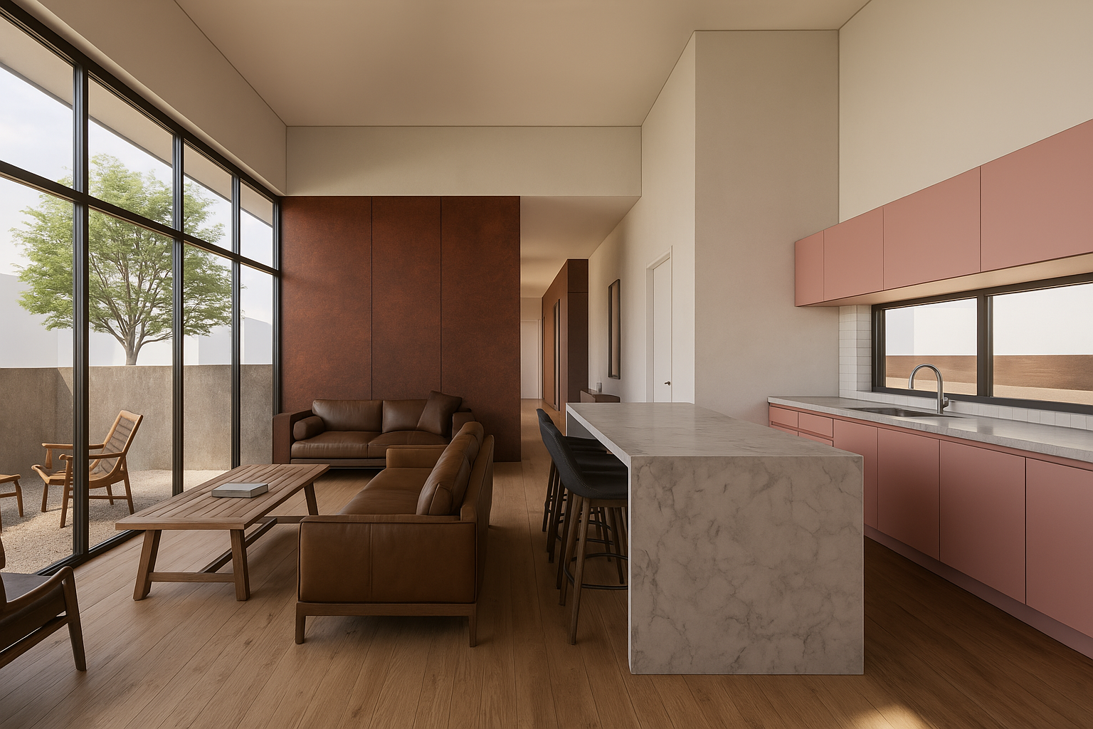 Bringing the Sunset Inside. The interior palette is a direct nod to Ojai's famous "Pink Moment" sunsets on the Topa Topa mountains. We incorporated soft blush-toned custom cabinetry in the kitchen, contrasting it with a dramatic Calacatta marble wate