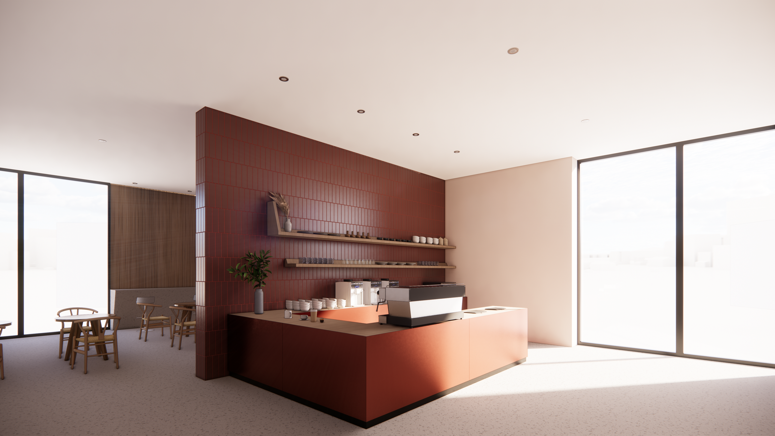 Modern cafe interior with a red tiled counter, open shelves with cups and decor, seating area with wooden chairs, large windows, and natural lighting.