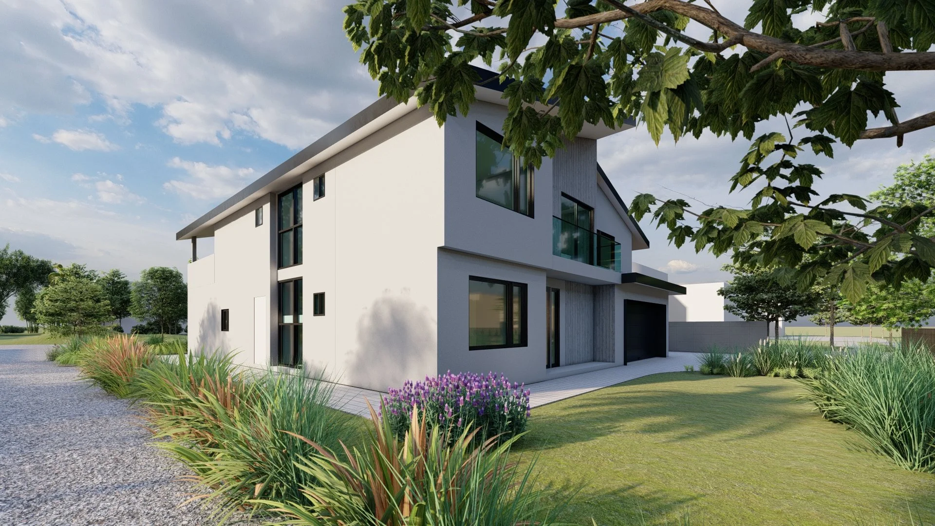 Modern two-story custom home in Riverside County with low-pitch roof and stucco finish.