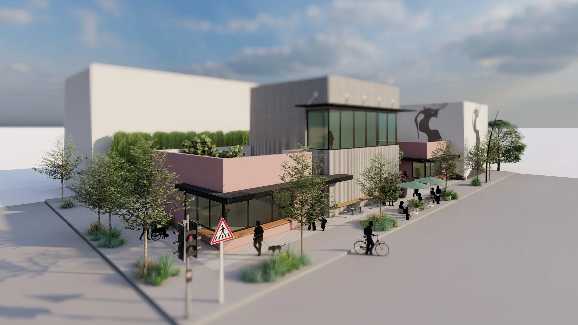 Aerial perspective of the West Adams office campus, showcasing the integration of modern creative office space with ground-floor retail and dining.