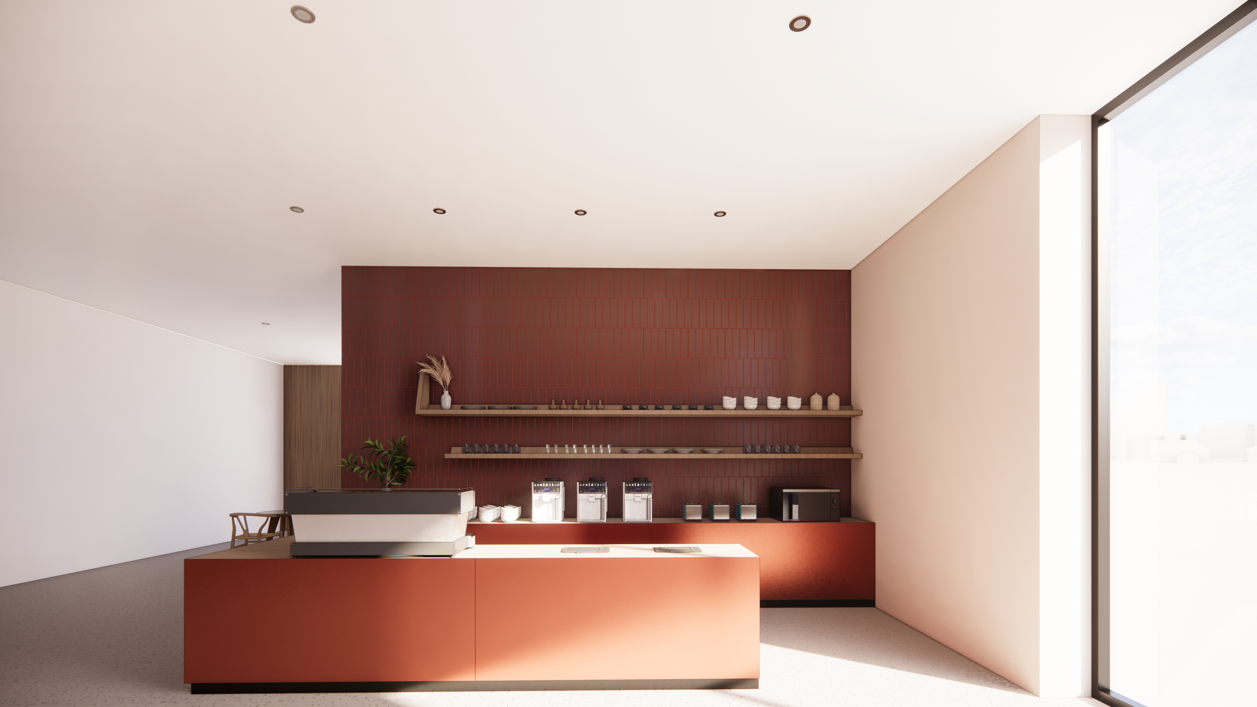 Modern tenant improvement minimalist coffee station with a red counter, coffee machines, cups, and a basket on the shelf, next to a large window and simple decor.