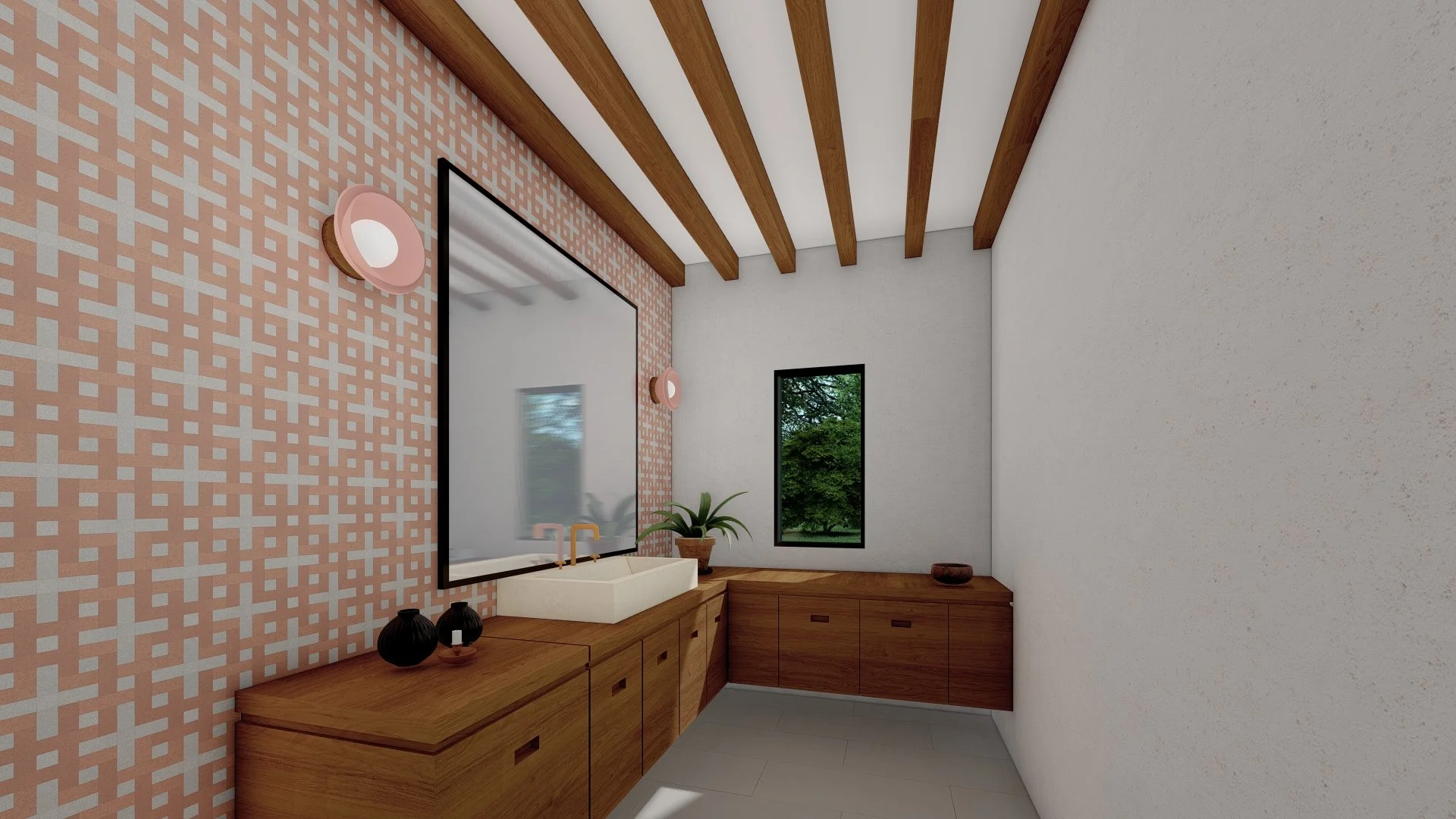 Luxury bathroom with pink geometric terracotta tiles, exposed wood ceiling beams, walnut vanity, and gold fixtures.