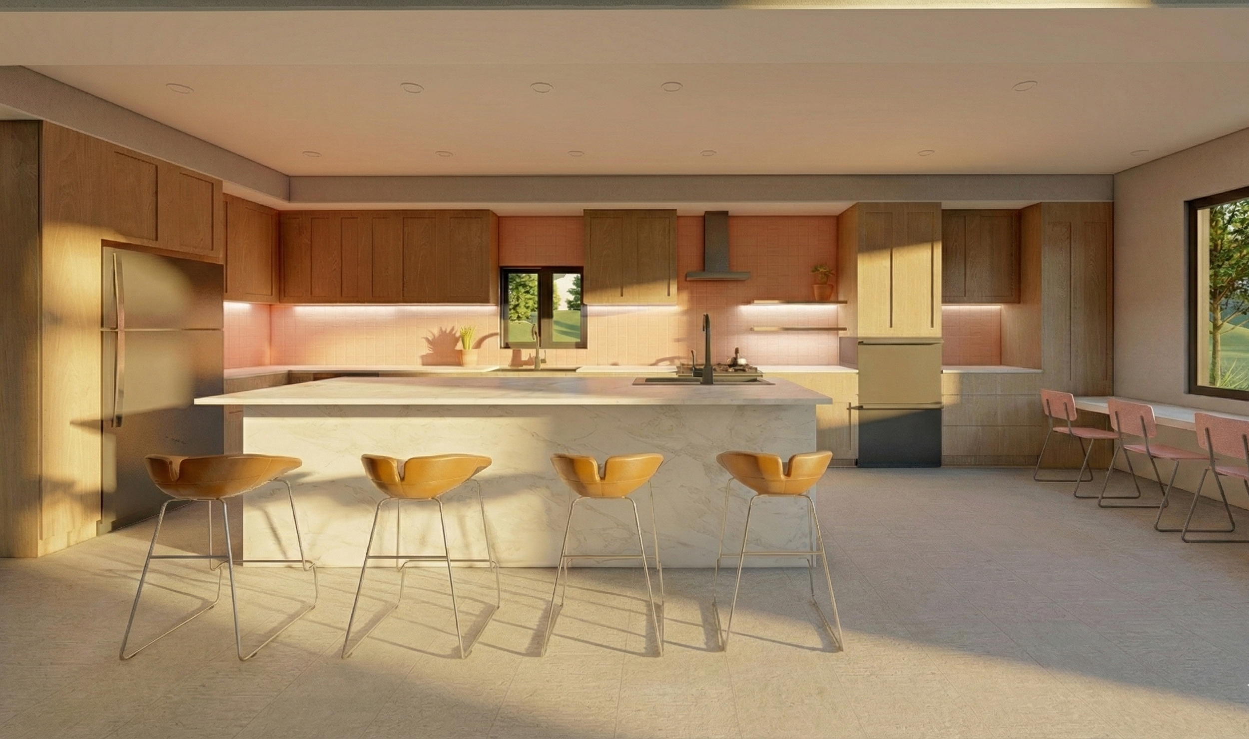 Modern residential open plan kitchen designed by [Your Firm Name] featuring light wood cabinets, a large marble island, and pink backsplash.