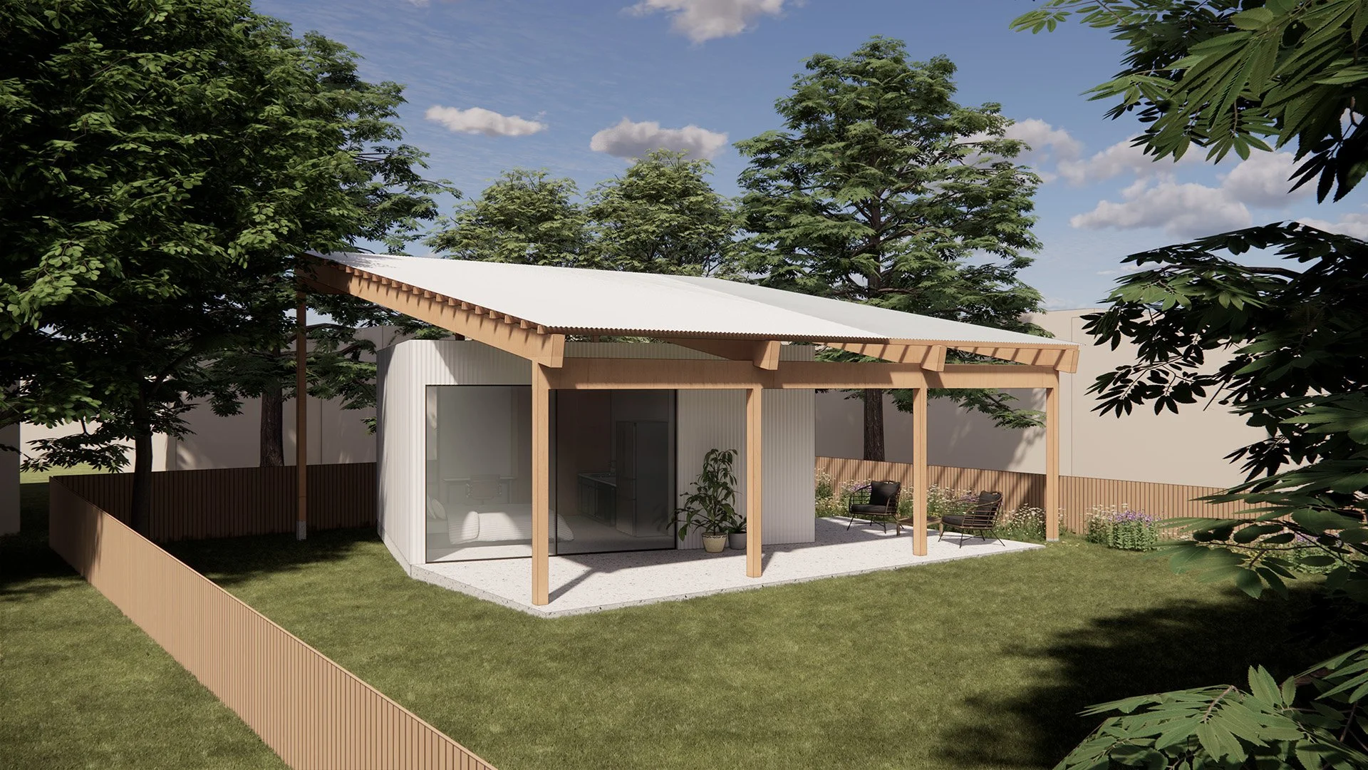 Modern white ADU in Pasadena backyard with wood pergola, sliding glass doors, and drought-tolerant landscaping.