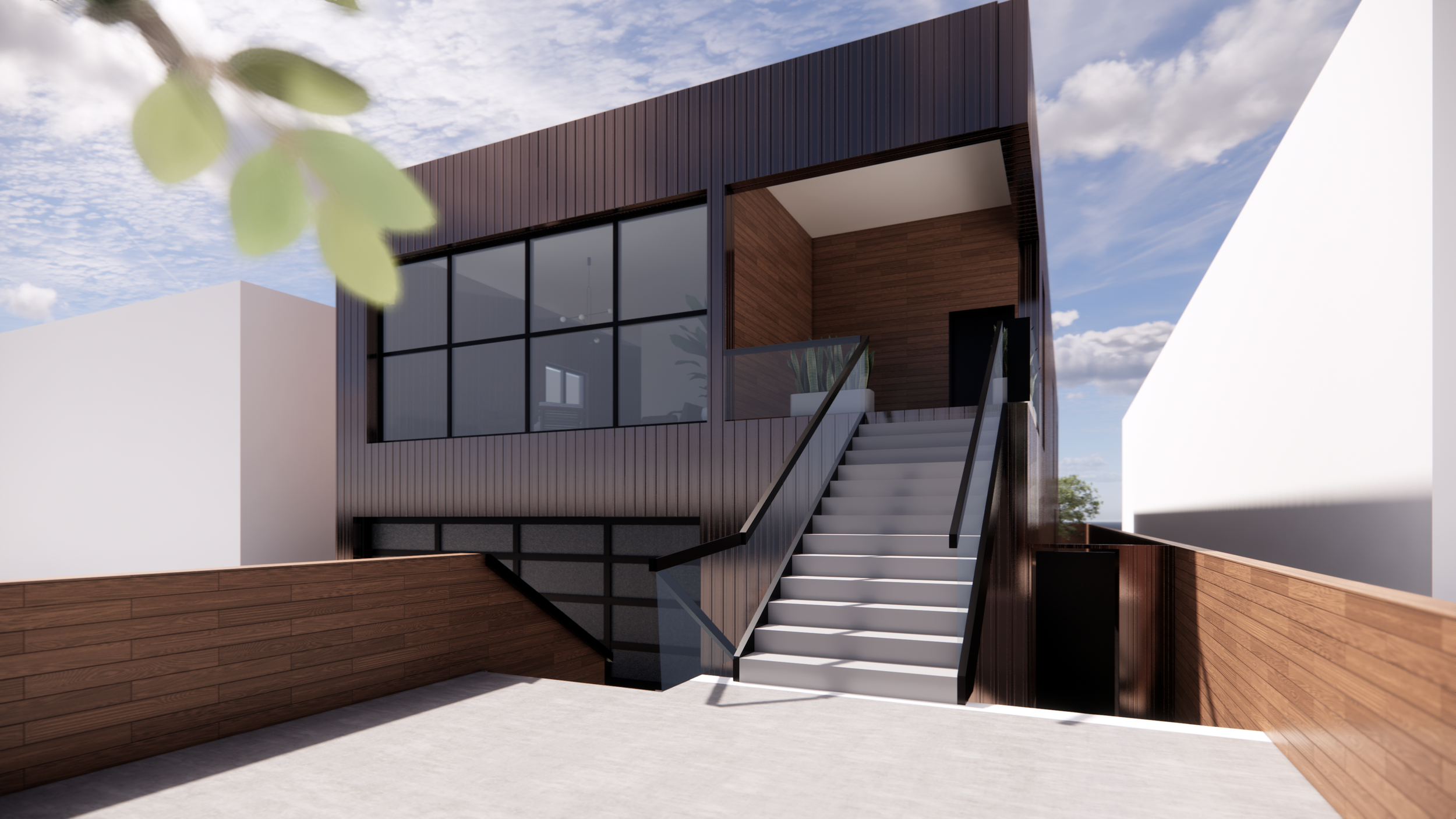 Indoor-Outdoor Connectivity. In Venice, outdoor space is a premium. We activated the side yard by integrating a light well to illuminate the lower level and an architectural staircase leading to the main entertaining level. The glass railing system e