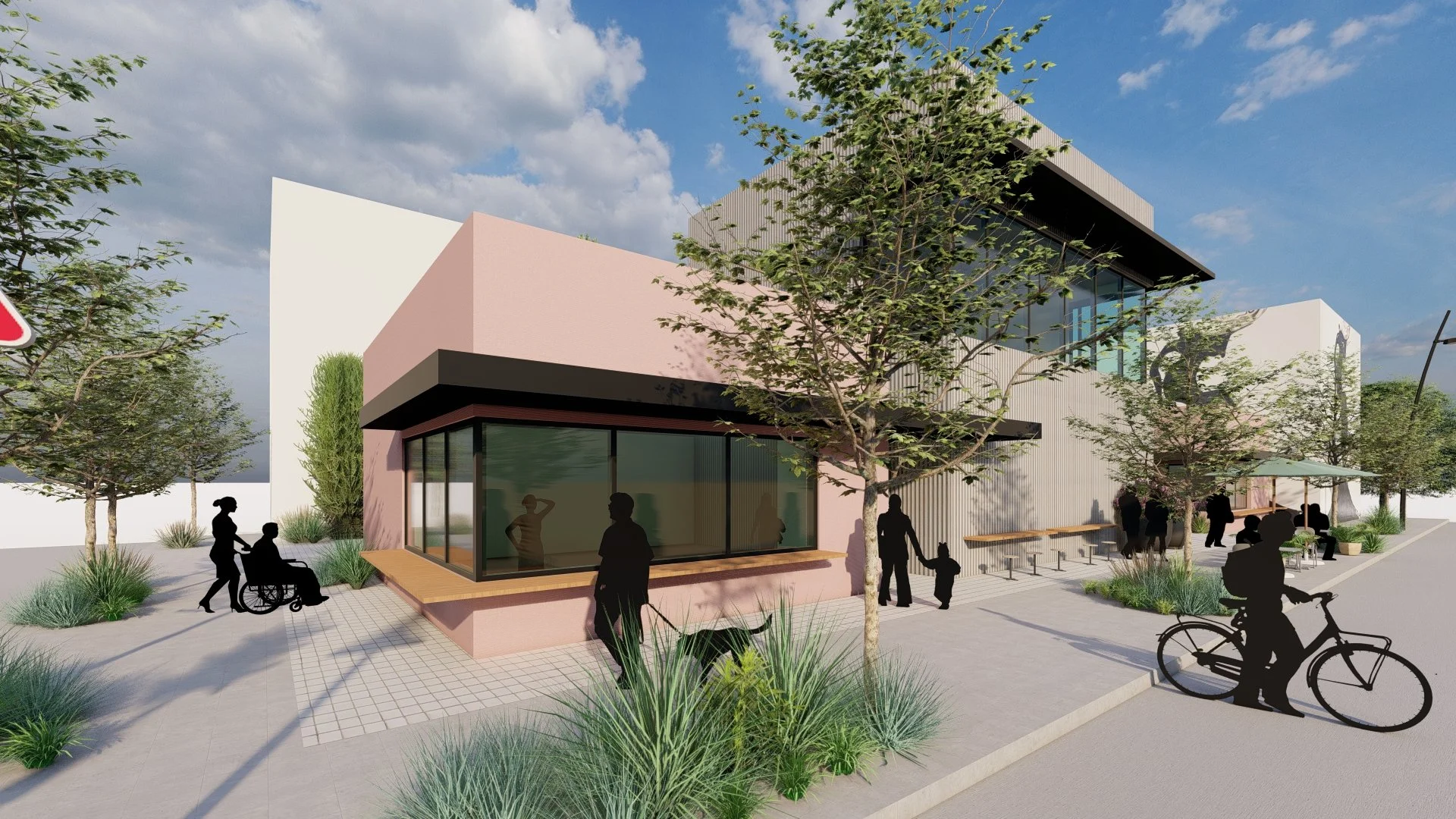 Pedestrian-friendly design with wide sidewalks and inviting storefronts, designed to draw foot traffic to the on-site food and beverage vendors.