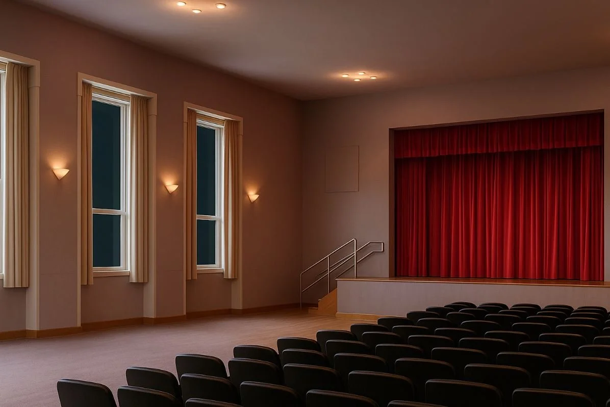 Empty auditorium with red stage curtains, rows of black chairs, three large windows with drapes, and wall sconces providing lighting.