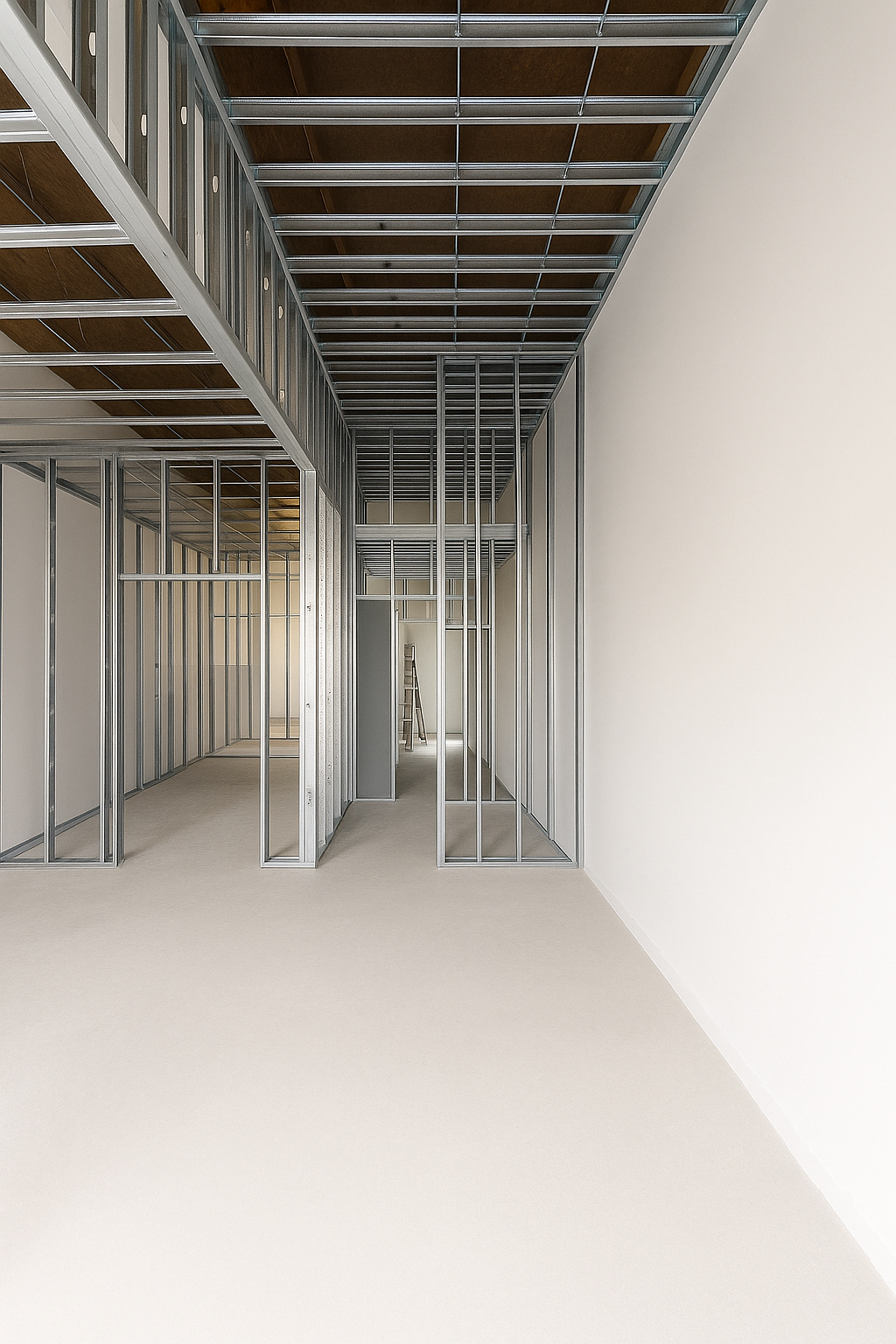 Interior of a building under construction with metal framing for walls and ceiling, and an unfinished ladder in the background.