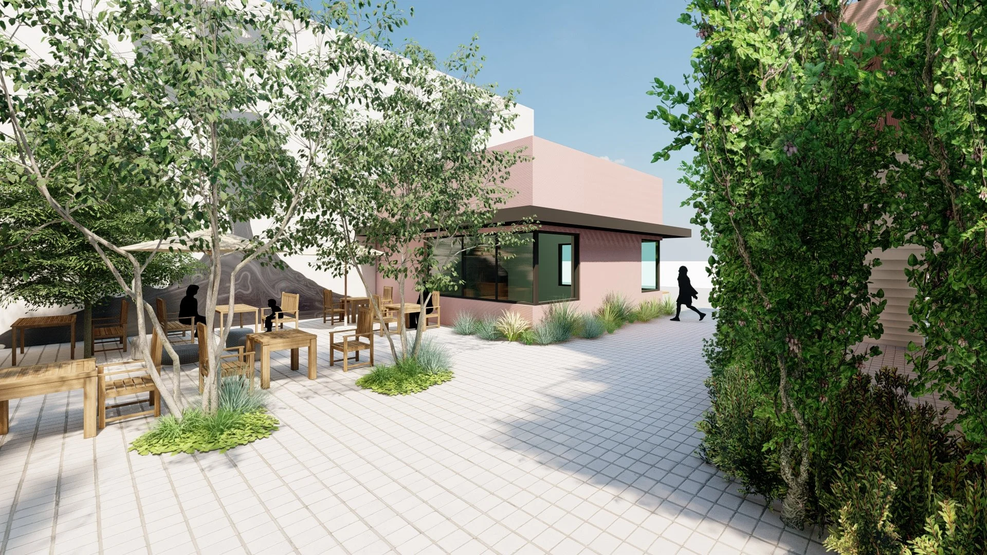A lush, shaded outdoor courtyard with custom wood furniture, providing a cool retreat for office workers and locals to enjoy lunch or meetings.
