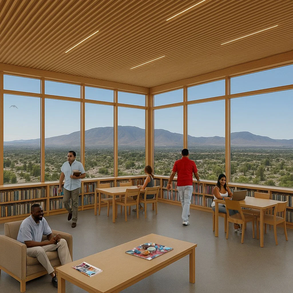 A modern library reading room with large floor-to-ceiling windows overlooking a desert landscape with mountains in the distance. There are five people, some reading and some working on laptops, and a shelf with books along the window walls.