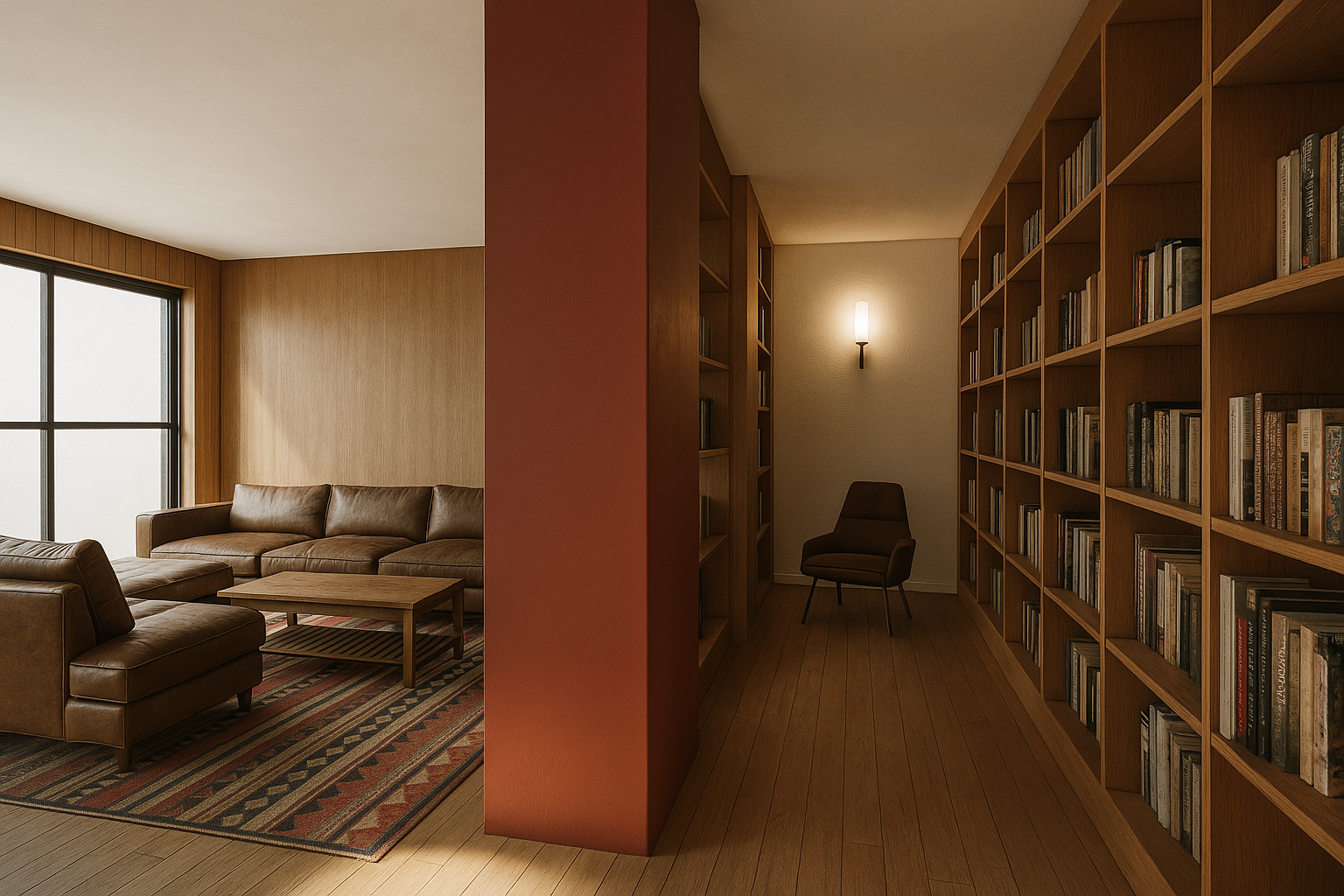 Defining Space Without Walls. Instead of closing off rooms in this open-concept floor plan, we introduced a bold central architectural volume. This terracotta-hued core functions as a multi-purpose element: it separates the hallway from the lounge, h