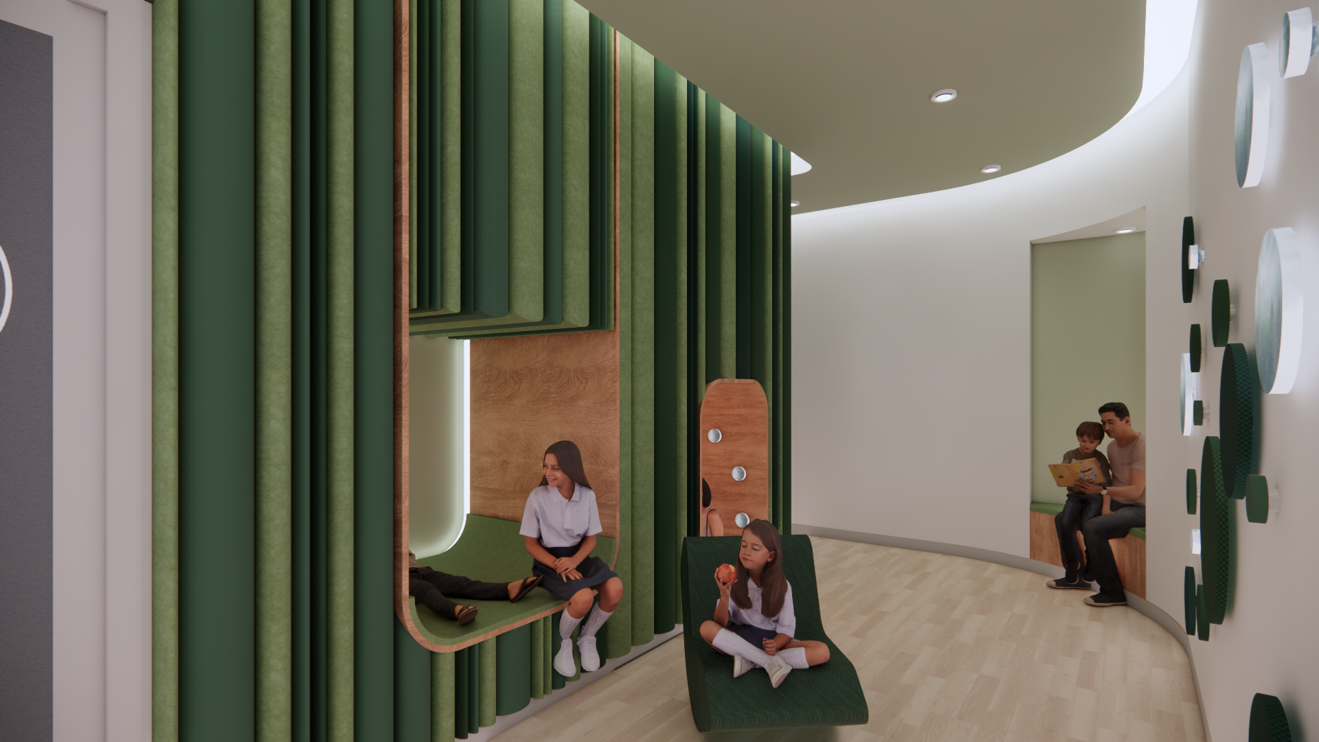 Modern interior space with green and wooden design elements, featuring children and adults sitting and interacting, some on built-in seats and others on a lounge chair, with decorative wall art.