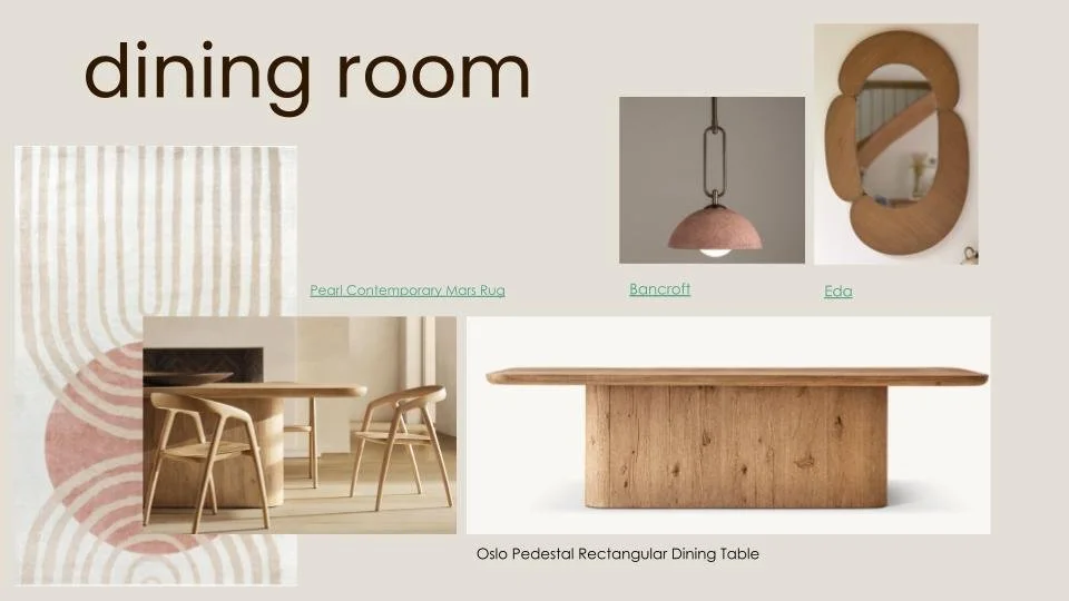 Dining room FF&E board showcasing a solid pedestal wood table anchored by a contemporary abstract rug. The sculptural lighting fixture serves as the room's centerpiece, lowering the visual scale for intimacy.