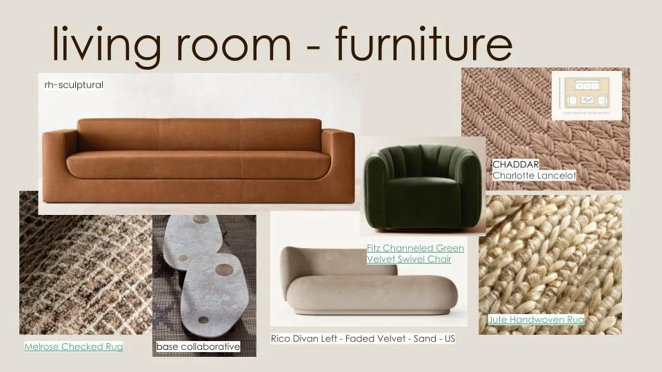 Curated FF&E selection featuring a tan leather structural sofa and deep green velvet accent chairs. The material palette prioritizes high-performance fabrics that resist wear while maintaining a luxury hand-feel.