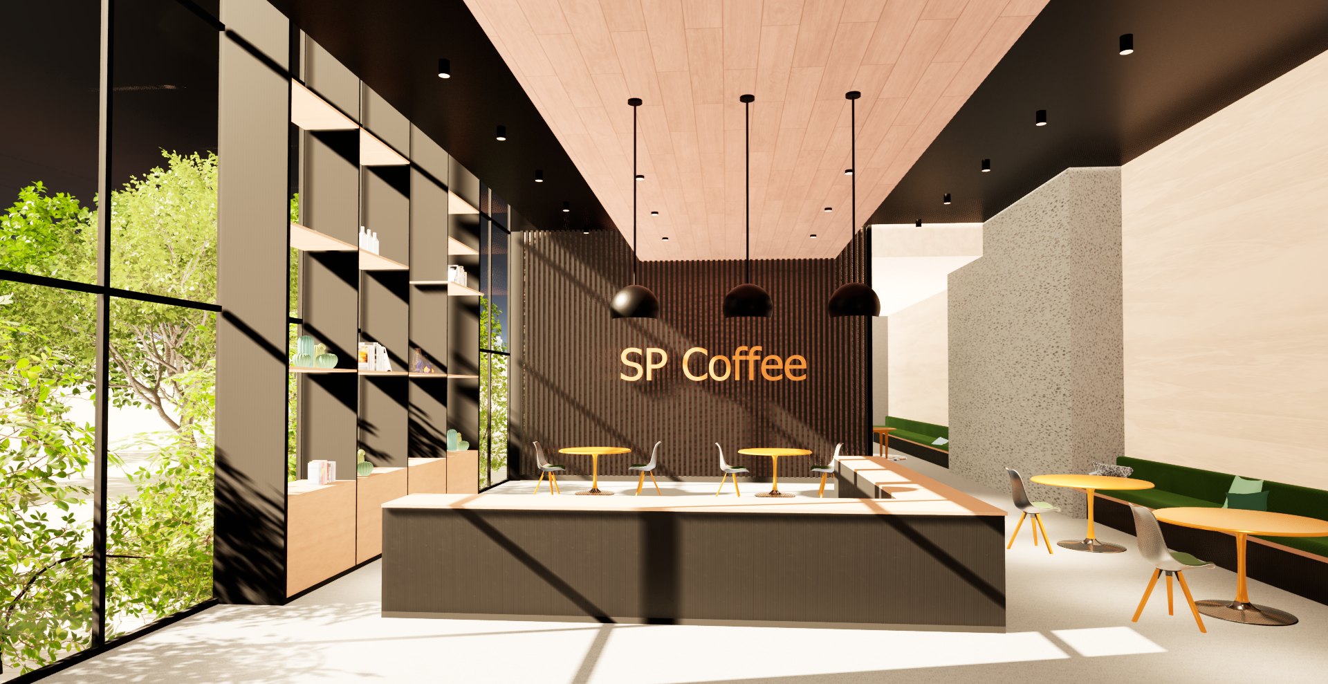 Modern coffee shop interior with a wooden accent wall, black pendant lighting, green seating, and a large window with sunlight and trees outside. Sign reads 'SP Coffee'.