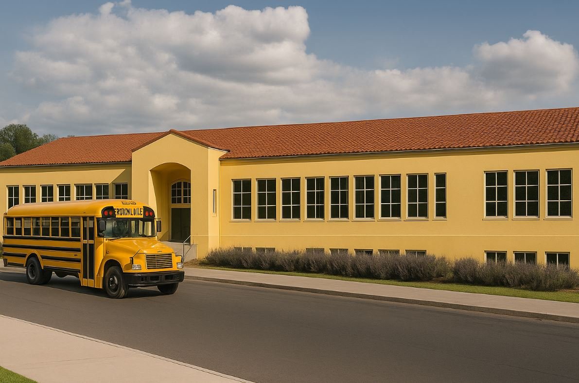 A yellow school bus parked in front of a yellow school building with multiple windows under a partly cloudy sky.