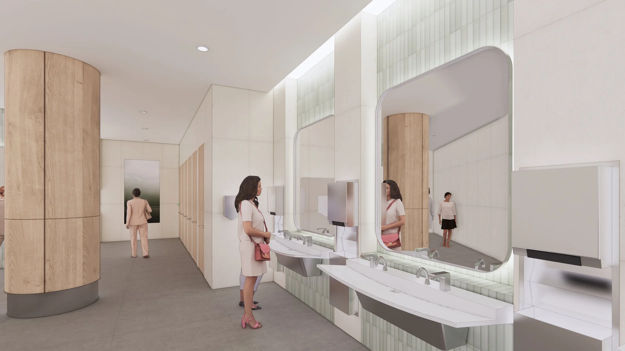 Modern public restroom with white and wood accents, mirrors, sinks, soap dispensers, and women using the facilities.