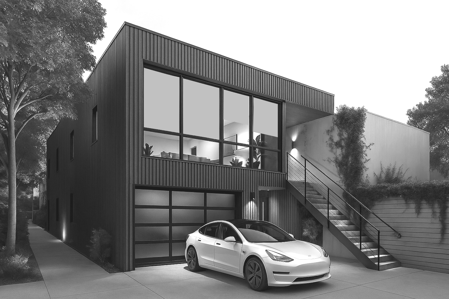 Modern two-story house with large glass windows, exterior staircase, parked car, trees, and driveway in grayscale.